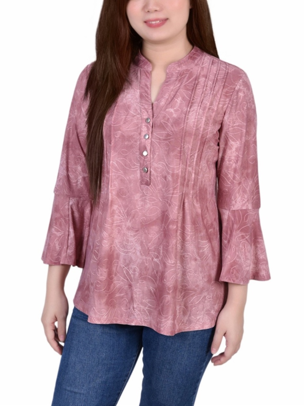 Ny Collection Petite 3/4 Bell Sleeve Printed Pleat Front Y-neck Top PL